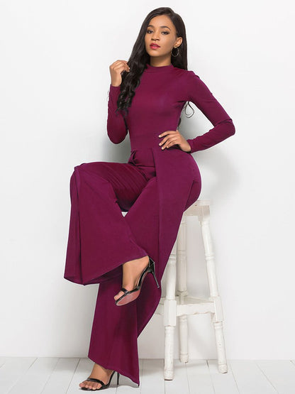 Long Sleeve Mock Neck Wide Leg Jumpsuit - DunbiBeauty, LLC