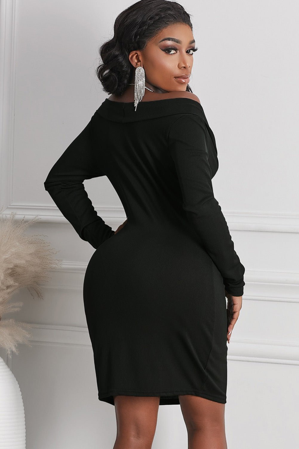 Long Sleeve Plunge Ribbed Bodycon Dress - DunbiBeauty, LLC