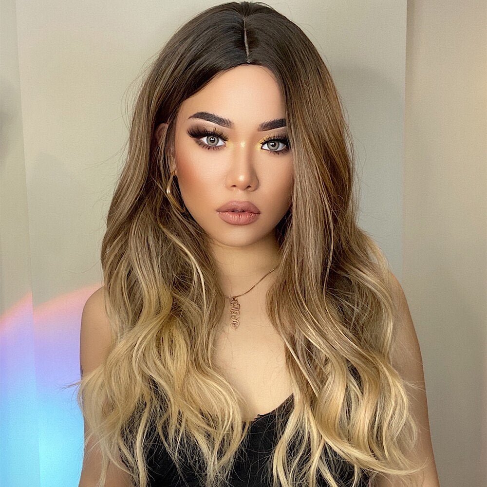 Long Synthetic Brown Blonde Water Wavy Gloden Highlight Wigs Middle Part Heat Resistant Cosplay Natural Hair for Black Women - DunbiBeauty, LLC