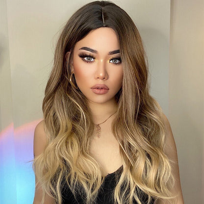 Long Synthetic Brown Blonde Water Wavy Gloden Highlight Wigs Middle Part Heat Resistant Cosplay Natural Hair for Black Women - DunbiBeauty, LLC