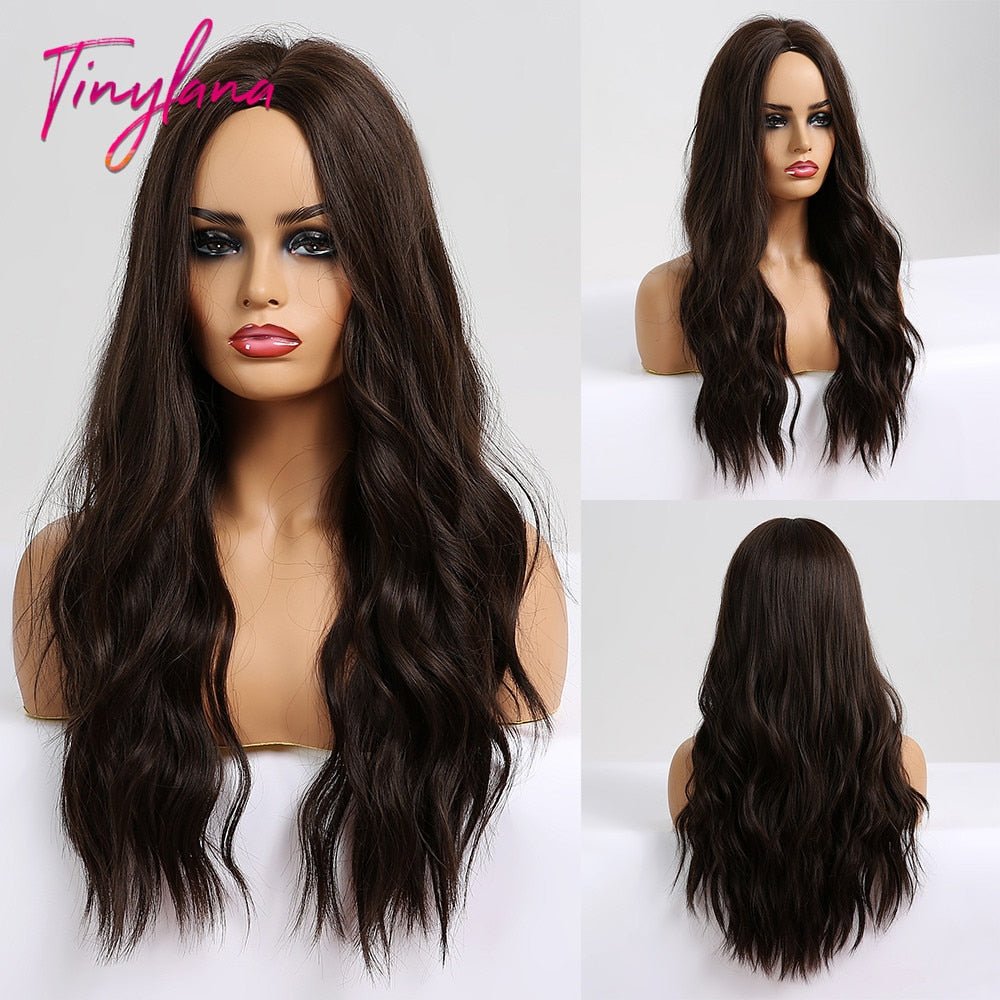 Long Synthetic Brown Blonde Water Wavy Gloden Highlight Wigs Middle Part Heat Resistant Cosplay Natural Hair for Black Women - DunbiBeauty, LLC