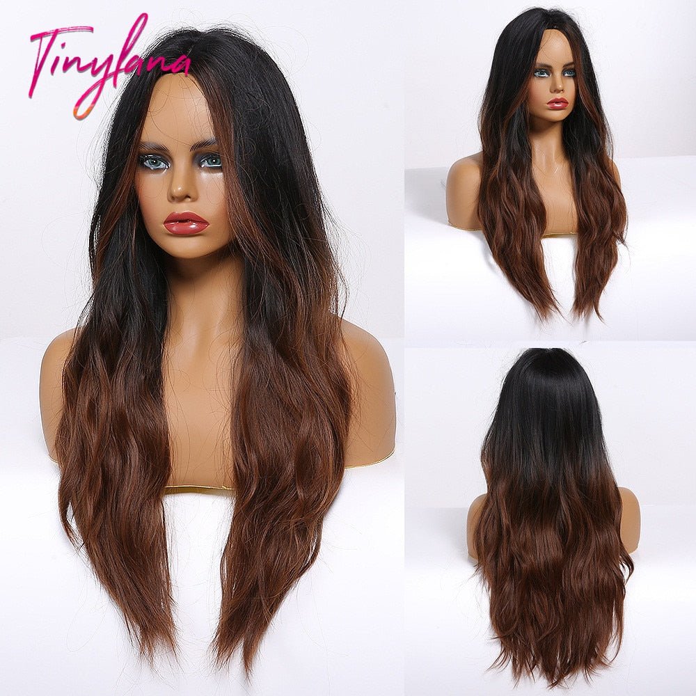 Long Synthetic Brown Blonde Water Wavy Gloden Highlight Wigs Middle Part Heat Resistant Cosplay Natural Hair for Black Women - DunbiBeauty, LLC