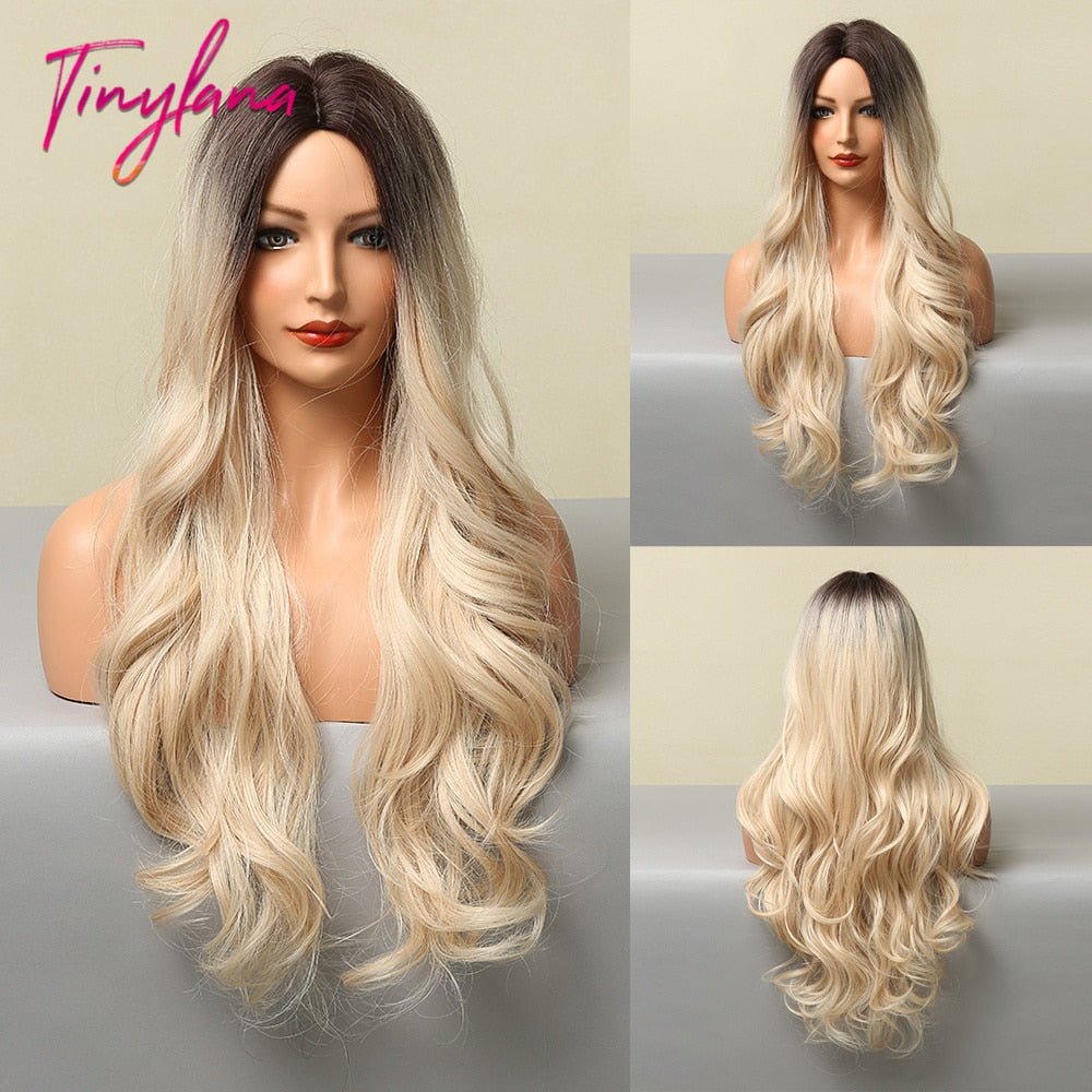 Long Synthetic Brown Blonde Water Wavy Gloden Highlight Wigs Middle Part Heat Resistant Cosplay Natural Hair for Black Women - DunbiBeauty, LLC