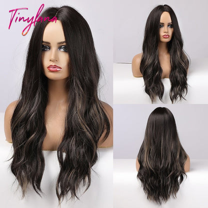 Long Synthetic Brown Blonde Water Wavy Gloden Highlight Wigs Middle Part Heat Resistant Cosplay Natural Hair for Black Women - DunbiBeauty, LLC