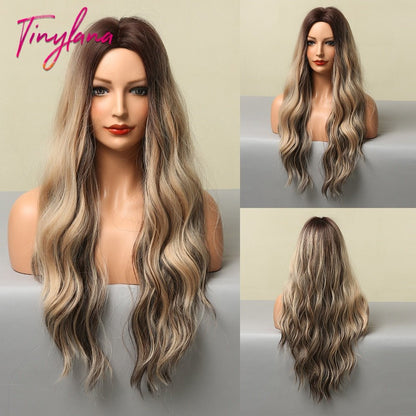 Long Synthetic Brown Blonde Water Wavy Gloden Highlight Wigs Middle Part Heat Resistant Cosplay Natural Hair for Black Women - DunbiBeauty, LLC