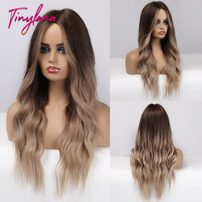 Long Synthetic Brown Blonde Water Wavy Gloden Highlight Wigs Middle Part Heat Resistant Cosplay Natural Hair for Black Women - DunbiBeauty, LLC