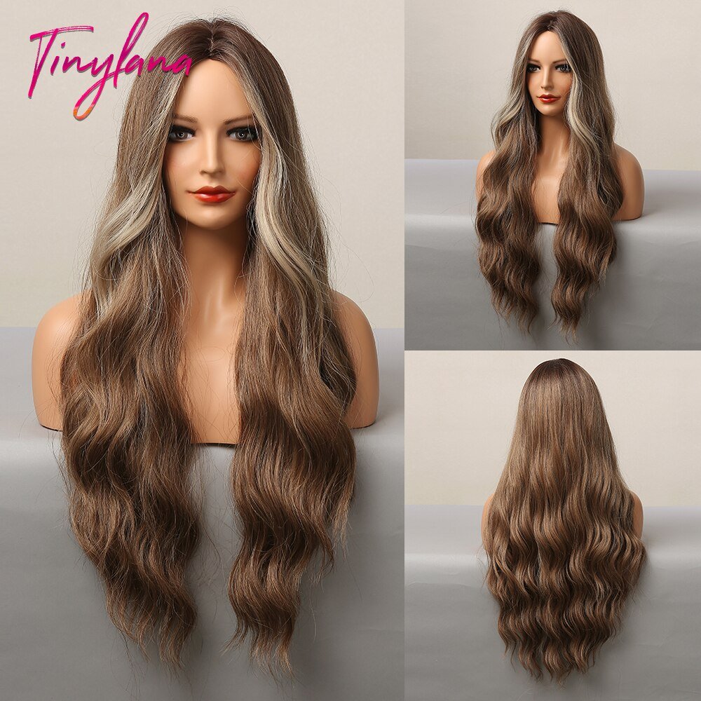 Long Synthetic Brown Blonde Water Wavy Gloden Highlight Wigs Middle Part Heat Resistant Cosplay Natural Hair for Black Women - DunbiBeauty, LLC