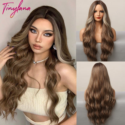 Long Synthetic Brown Blonde Water Wavy Gloden Highlight Wigs Middle Part Heat Resistant Cosplay Natural Hair for Black Women - DunbiBeauty, LLC