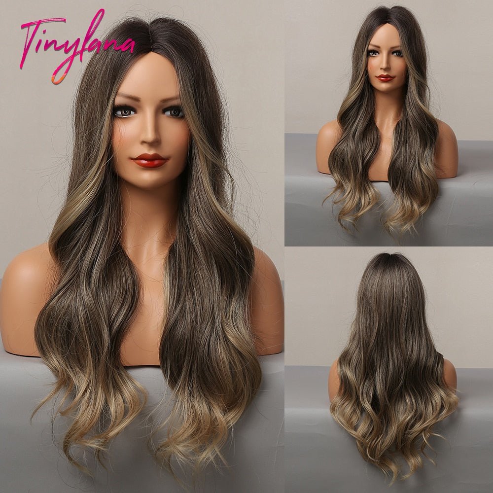 Long Synthetic Brown Blonde Water Wavy Gloden Highlight Wigs Middle Part Heat Resistant Cosplay Natural Hair for Black Women - DunbiBeauty, LLC