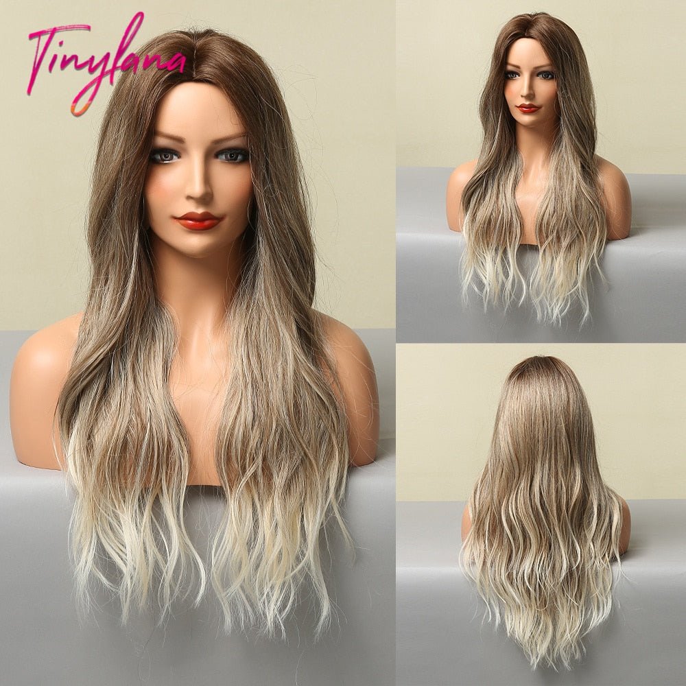 Long Synthetic Brown Blonde Water Wavy Gloden Highlight Wigs Middle Part Heat Resistant Cosplay Natural Hair for Black Women - DunbiBeauty, LLC