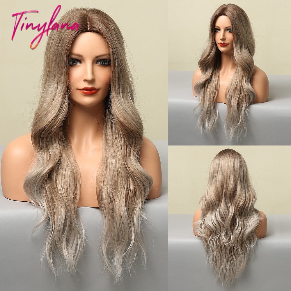 Long Synthetic Brown Blonde Water Wavy Gloden Highlight Wigs Middle Part Heat Resistant Cosplay Natural Hair for Black Women - DunbiBeauty, LLC