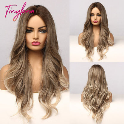 Long Synthetic Brown Blonde Water Wavy Gloden Highlight Wigs Middle Part Heat Resistant Cosplay Natural Hair for Black Women - DunbiBeauty, LLC