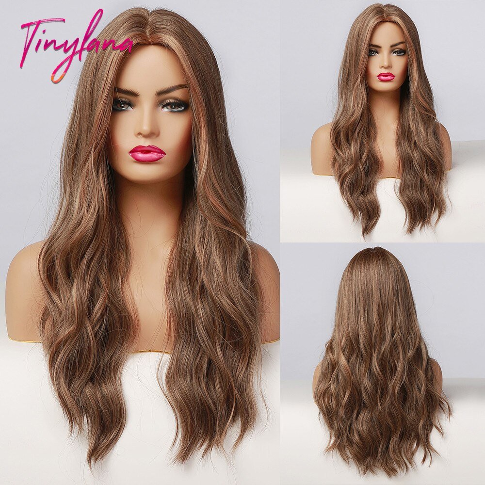 Long Synthetic Brown Blonde Water Wavy Gloden Highlight Wigs Middle Part Heat Resistant Cosplay Natural Hair for Black Women - DunbiBeauty, LLC