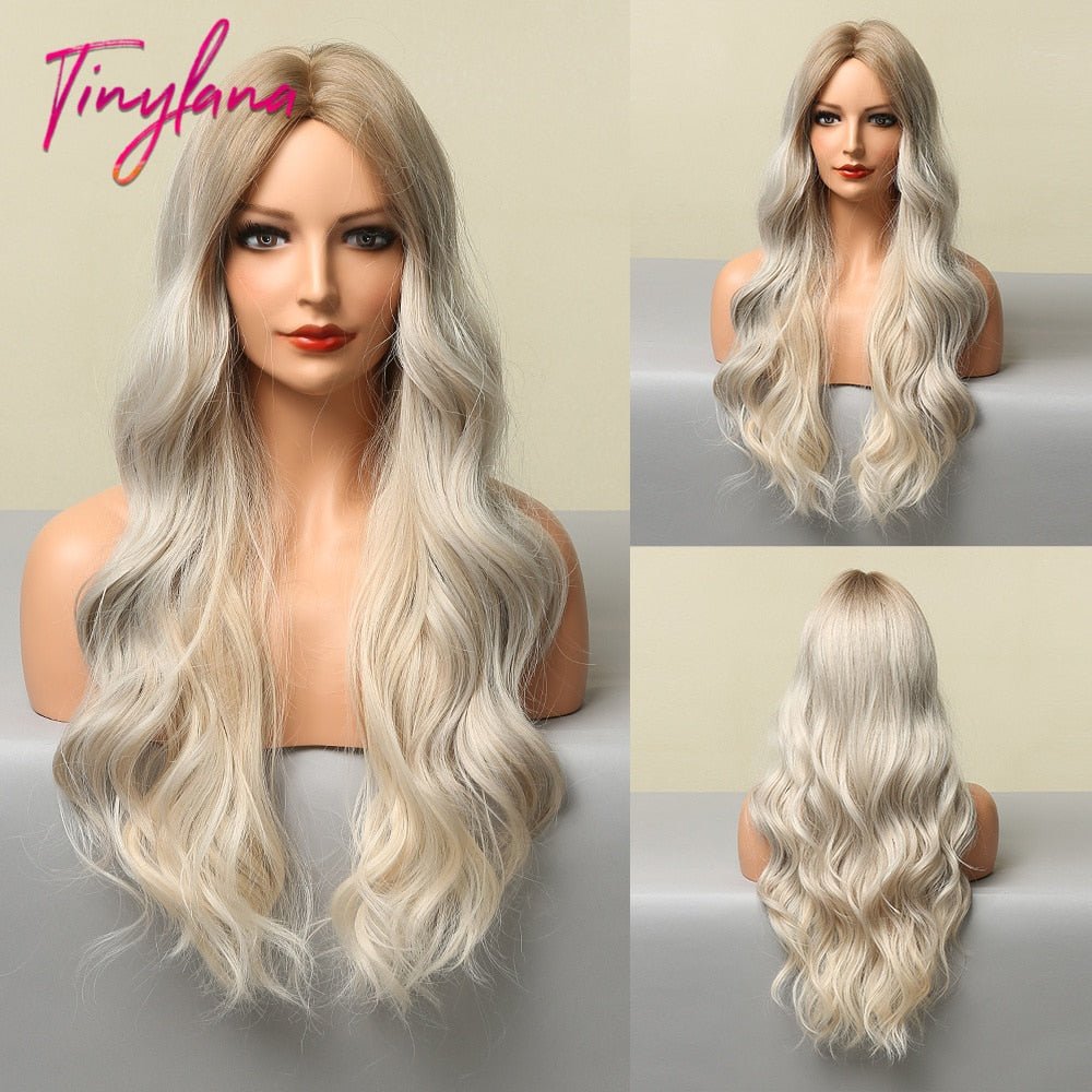 Long Synthetic Brown Blonde Water Wavy Gloden Highlight Wigs Middle Part Heat Resistant Cosplay Natural Hair for Black Women - DunbiBeauty, LLC