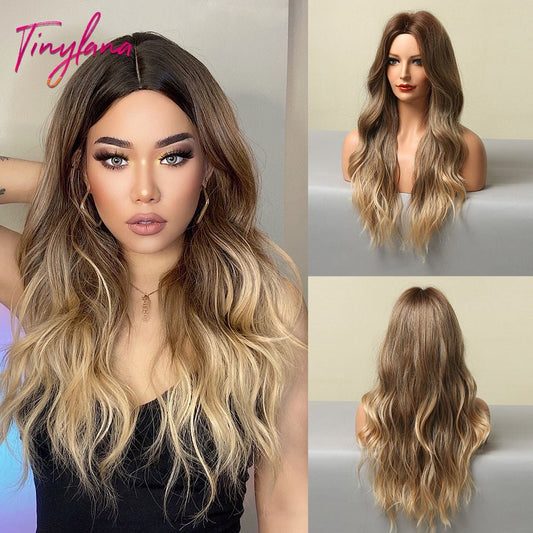 Long Synthetic Brown Blonde Water Wavy Gloden Highlight Wigs Middle Part Heat Resistant Cosplay Natural Hair for Black Women - DunbiBeauty, LLC