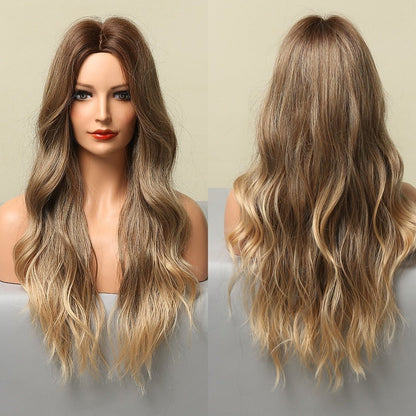 Long Synthetic Brown Blonde Water Wavy Gloden Highlight Wigs Middle Part Heat Resistant Cosplay Natural Hair for Black Women - DunbiBeauty, LLC