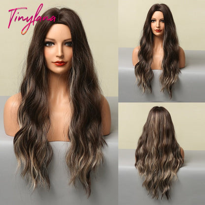 Long Synthetic Brown Blonde Water Wavy Gloden Highlight Wigs Middle Part Heat Resistant Cosplay Natural Hair for Black Women - DunbiBeauty, LLC