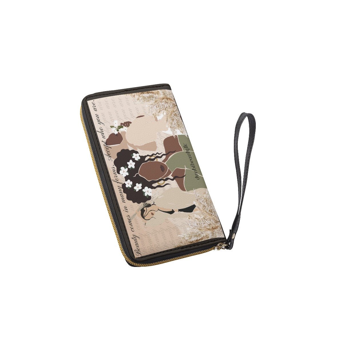 Long Wallet With Black Hand Strap Black Woman, Muslim, Asian, Flowers, Beauty, Confidence (Designed by Dunbi) - DunbiBeauty, LLC