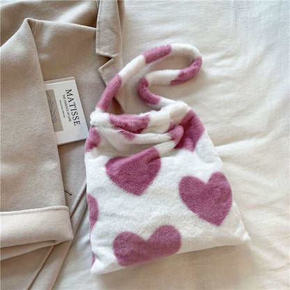 Love Heart Shoulder Bags Winter Plush Shopping Bags For Women - DunbiBeauty, LLC