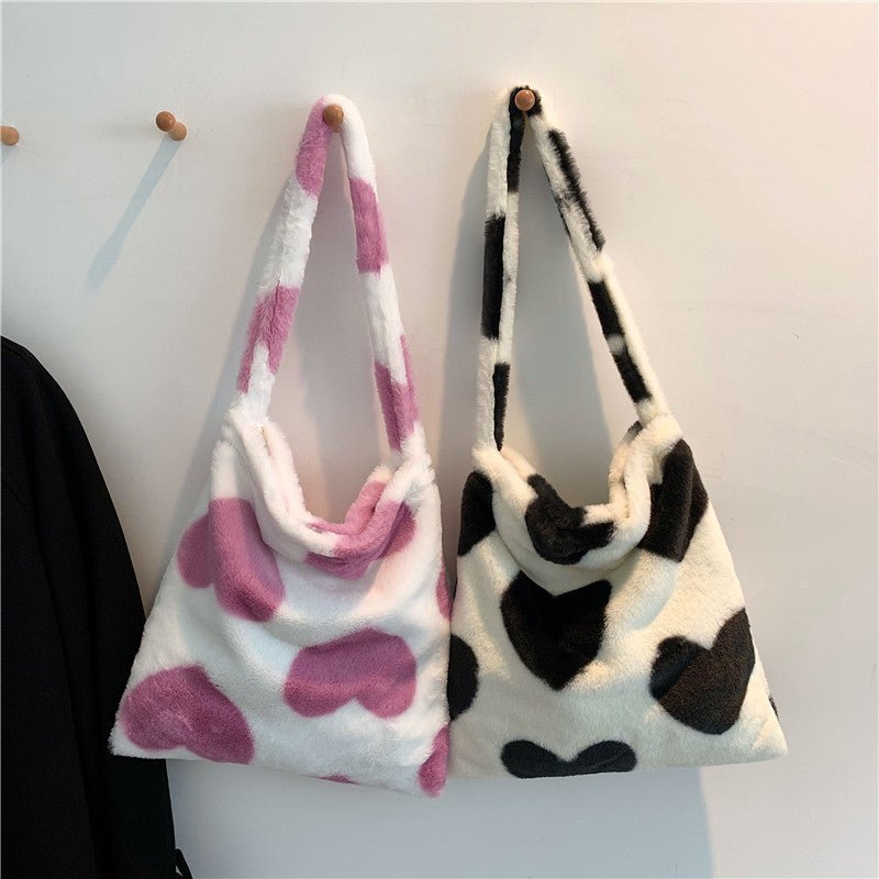 Love Heart Shoulder Bags Winter Plush Shopping Bags For Women - DunbiBeauty, LLC