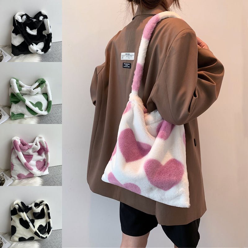 Love Heart Shoulder Bags Winter Plush Shopping Bags For Women - DunbiBeauty, LLC