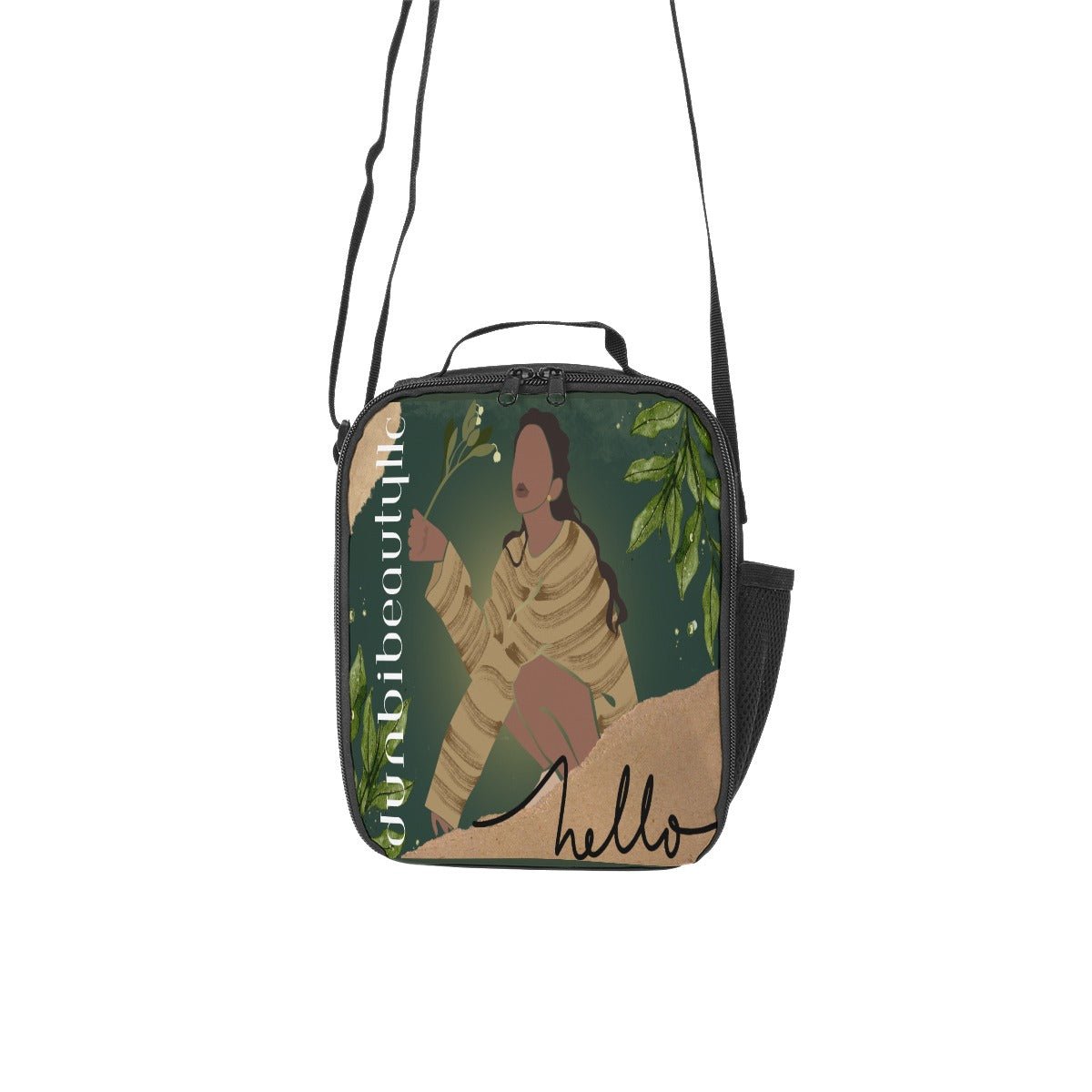 Lunch Box Bags Black Woman with Flowers, Green, Grace, Beauty (Designed by Dunbi) - DunbiBeauty, LLC