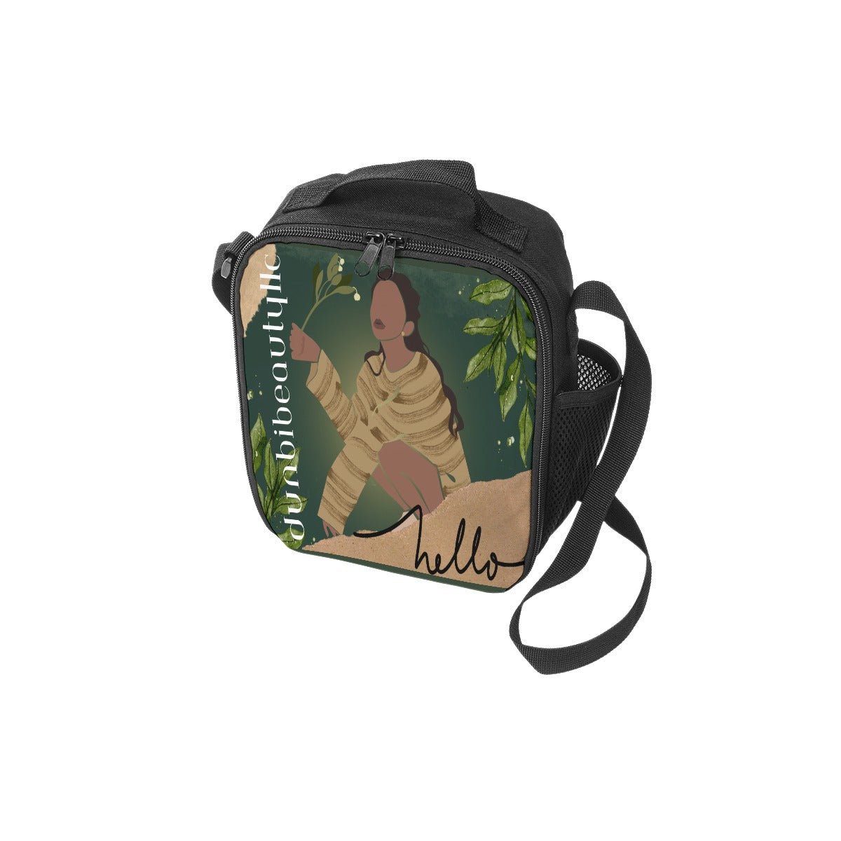 Lunch Box Bags Black Woman with Flowers, Green, Grace, Beauty (Designed by Dunbi) - DunbiBeauty, LLC