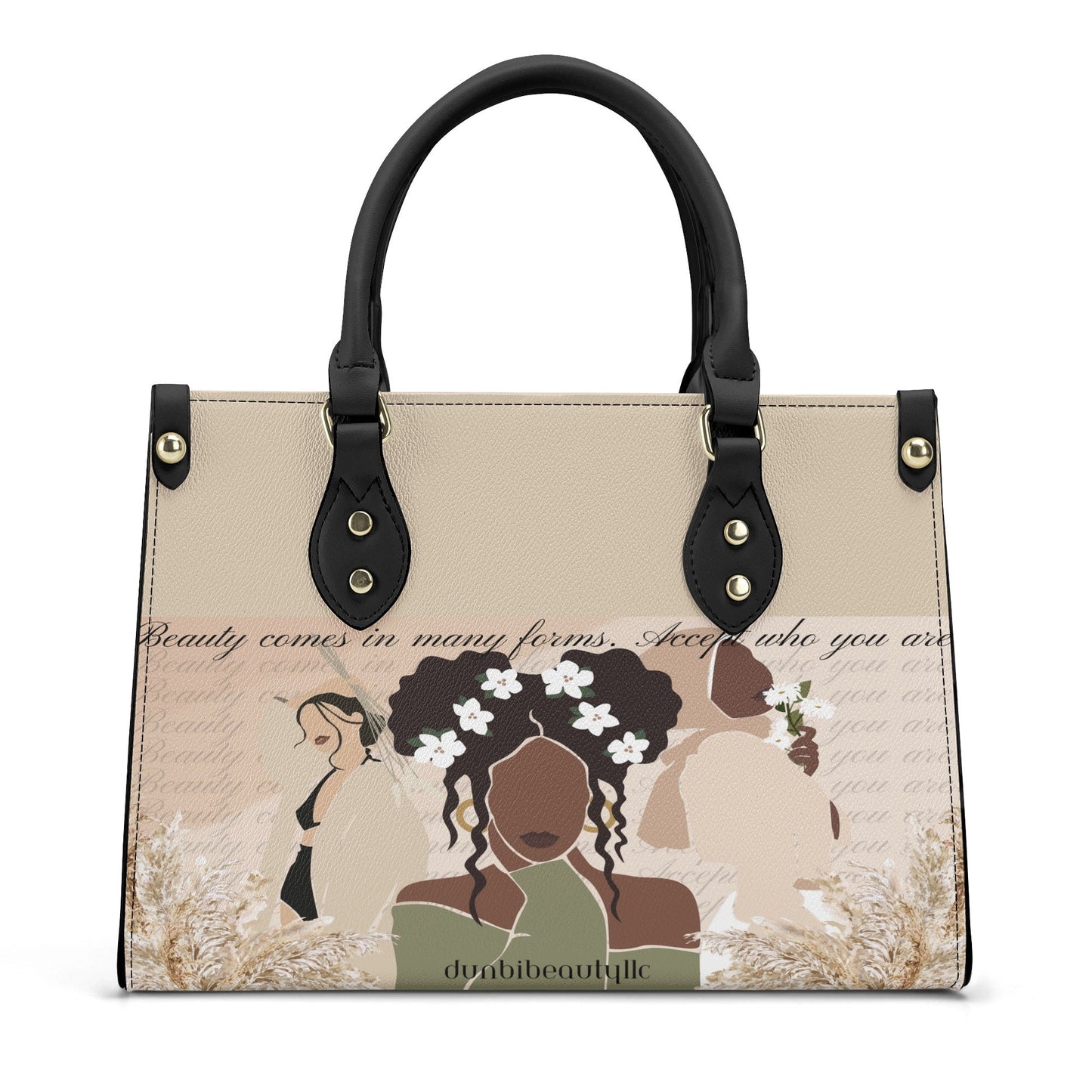 Luxury Women PU Tote Bag Beauty, Black Woman, Muslim, Asian, Flowers, Beauty, Confidence (Designed by Dunbi) - DunbiBeauty, LLC