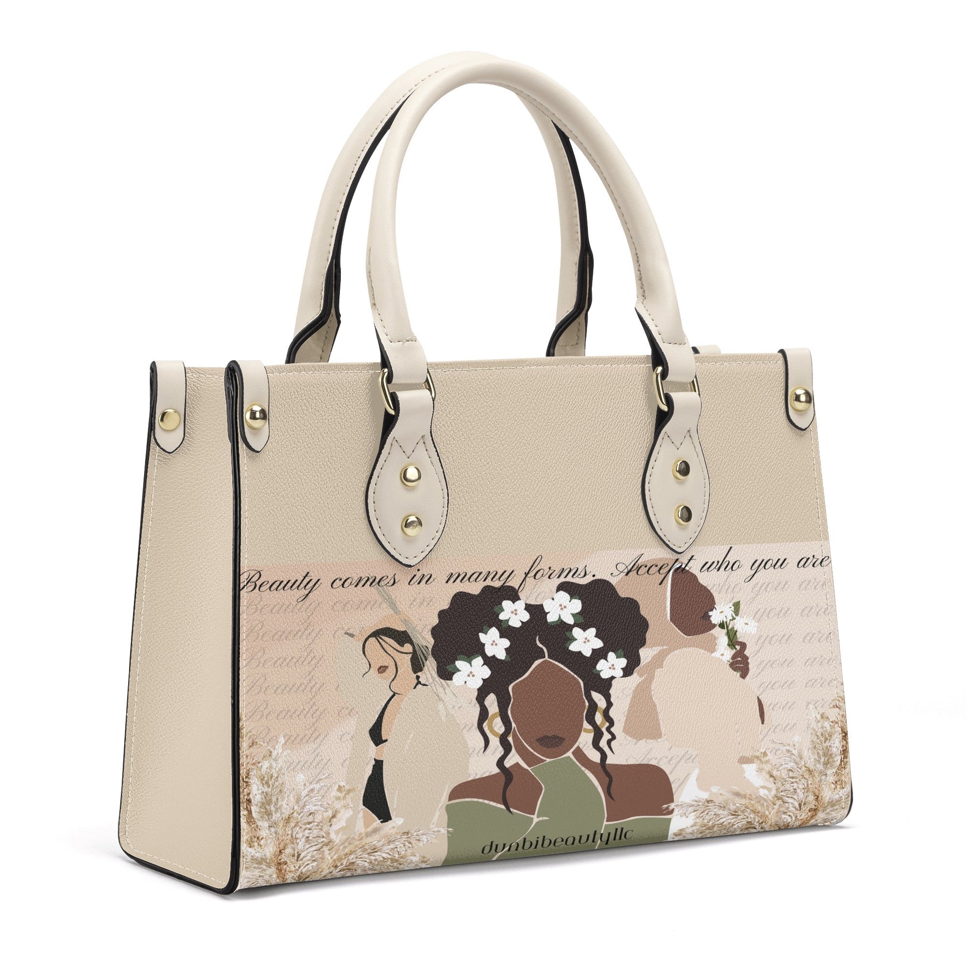 Luxury Women PU Tote Bag Beauty, Black Woman, Muslim, Asian, Flowers, Beauty, Confidence (Designed by Dunbi) - DunbiBeauty, LLC