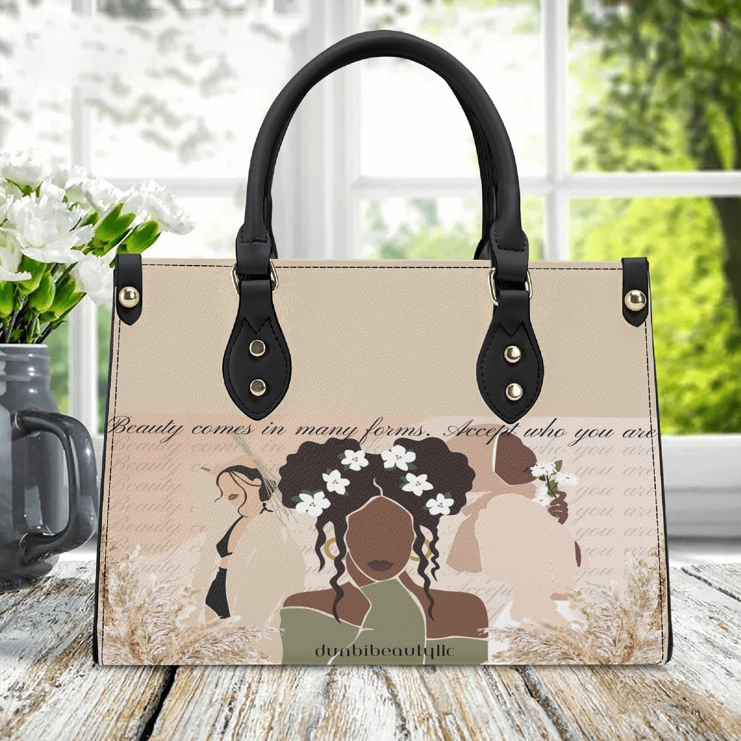 Luxury Women PU Tote Bag Beauty, Black Woman, Muslim, Asian, Flowers, Beauty, Confidence (Designed by Dunbi) - DunbiBeauty, LLC