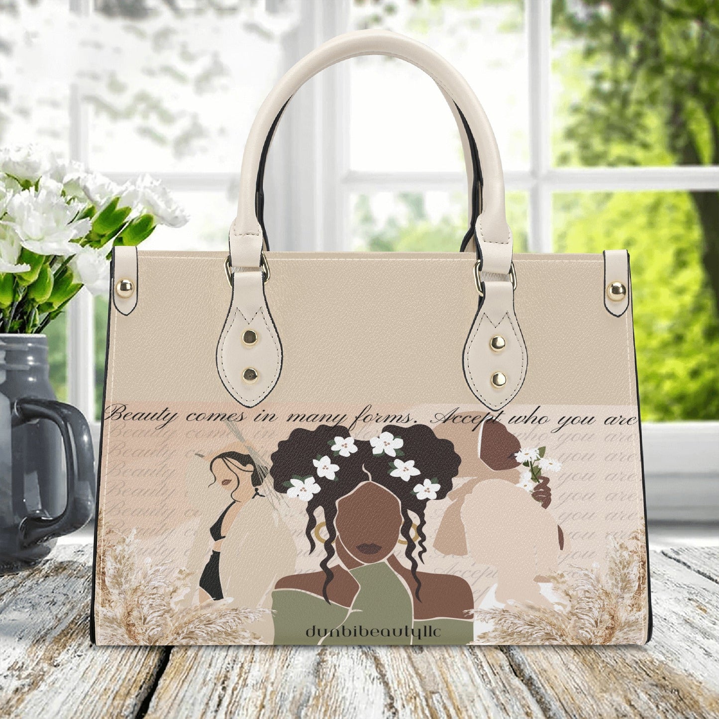 Luxury Women PU Tote Bag Beauty, Black Woman, Muslim, Asian, Flowers, Beauty, Confidence (Designed by Dunbi) - DunbiBeauty, LLC