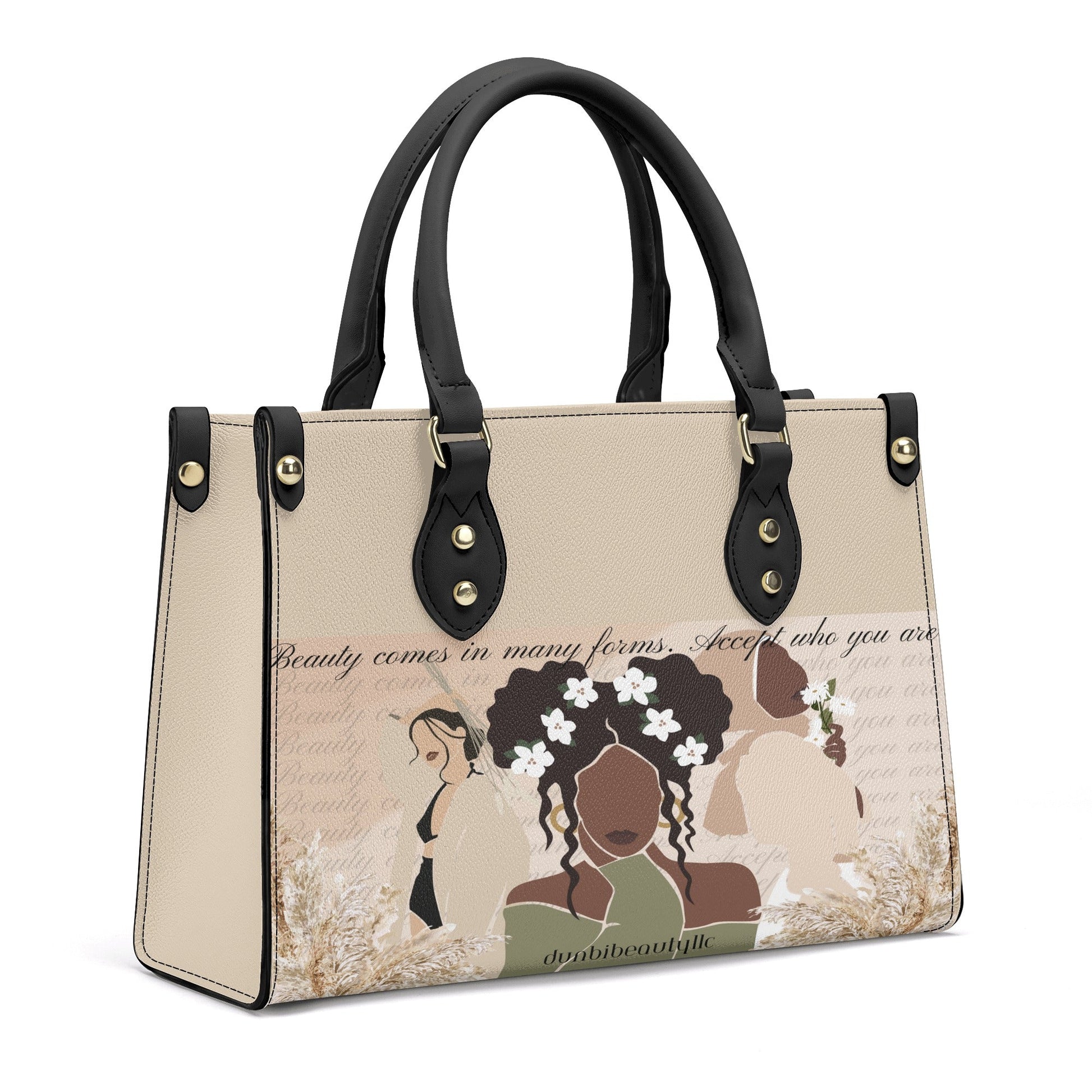 Luxury Women PU Tote Bag Beauty, Black Woman, Muslim, Asian, Flowers, Beauty, Confidence (Designed by Dunbi) - DunbiBeauty, LLC