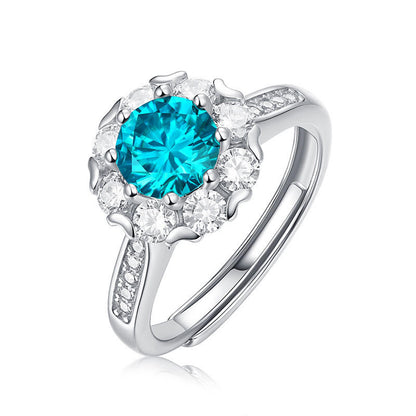 Blue Flower-Shaped 925 Sterling Silver Moissanite Adjustable Rings